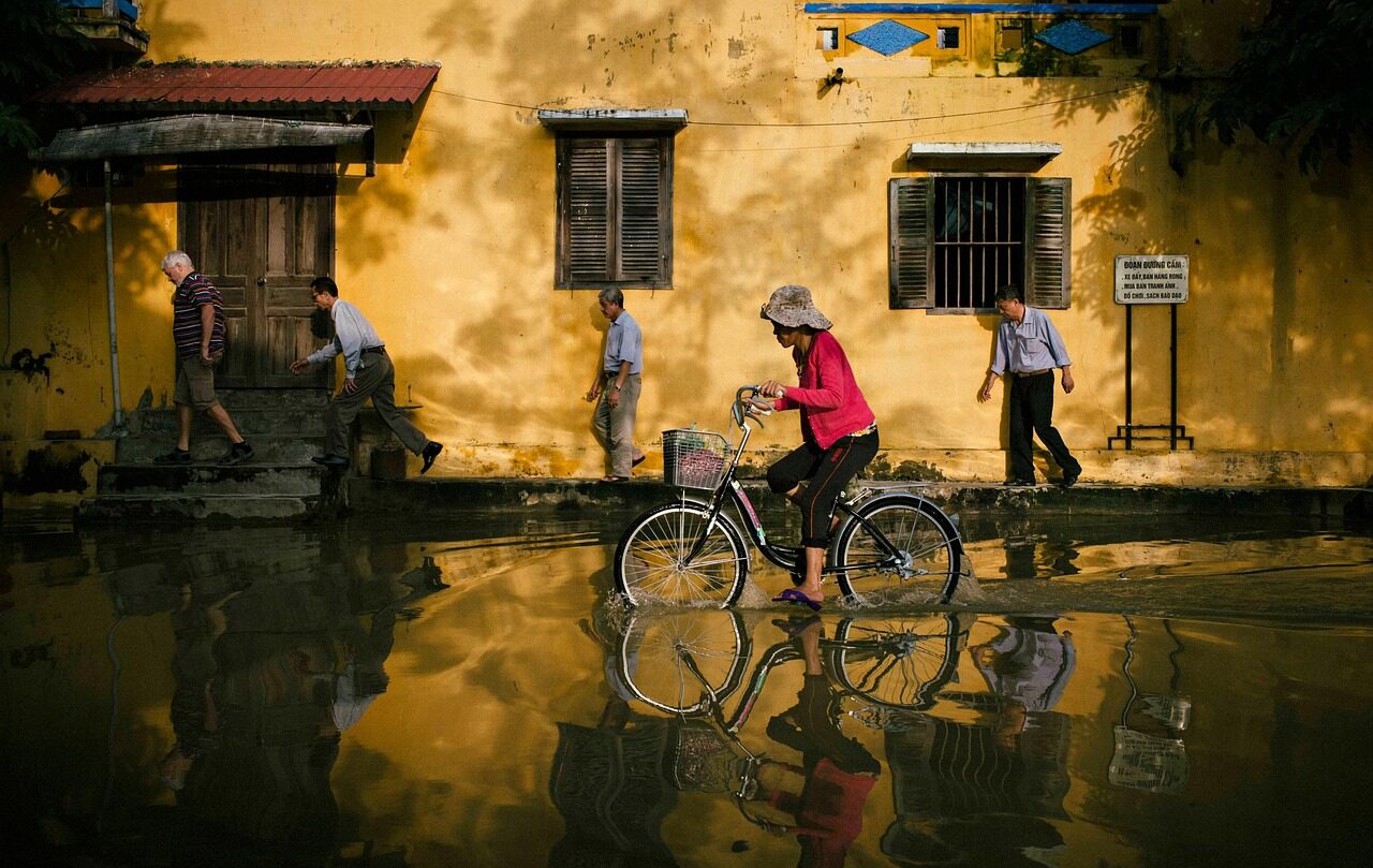 biking, street, flood, city, bike, nature, bicycle, bicycle ride, riding bike, flooding, water, water reflection, road, hoi an, vietnam, flooded street