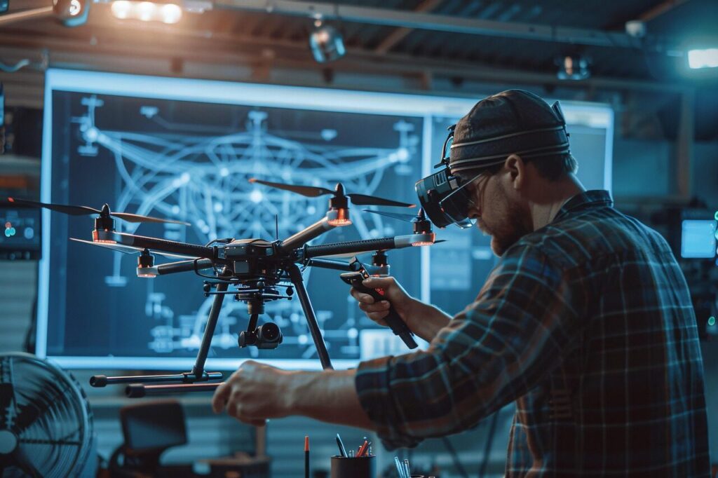 ai generated, engineer, technology, prototype, high-tech, workspace, drone design, engineering, innovation, tech equipment, development, research, advanced technology, drone engineering, blueprint, tech workspace, drone prototype, technical, tech, engineering process, tech setup, innovation lab, design, drone